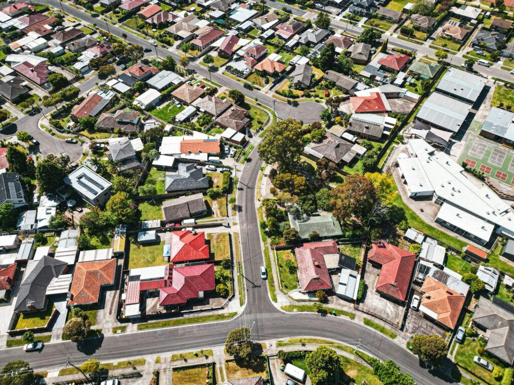 Aerial view of an Australian suburb covered by the PPR Home Assist national network